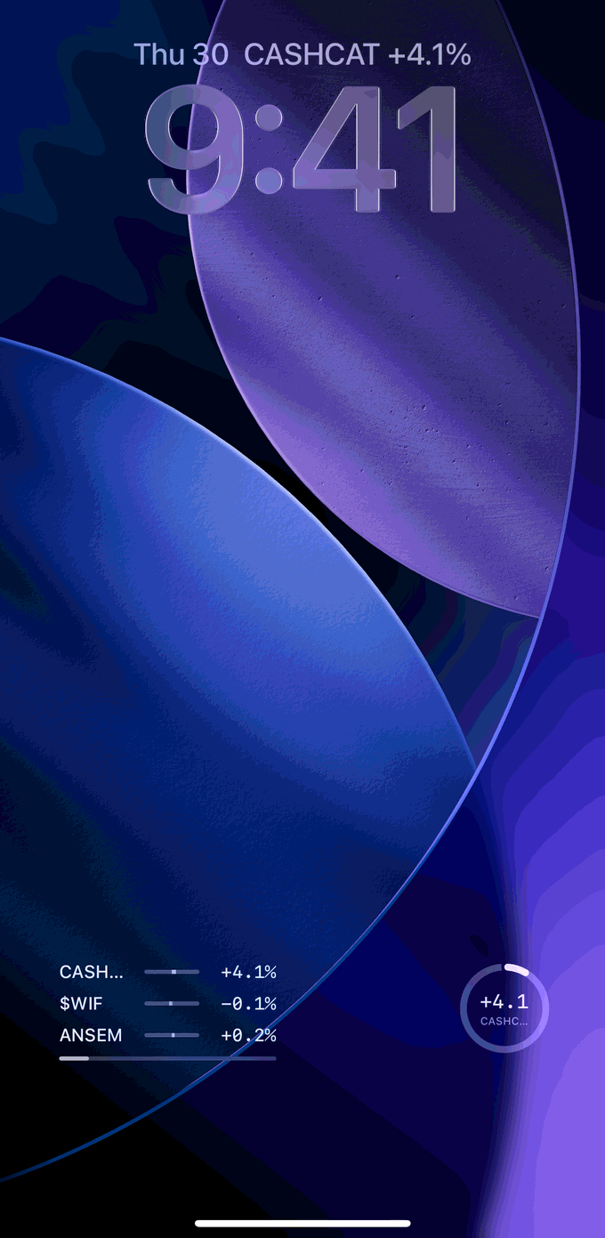 iPhone lock screen with the Tickerset rectangular and circular widgets showing CASHCAT, WIF and ANSEM